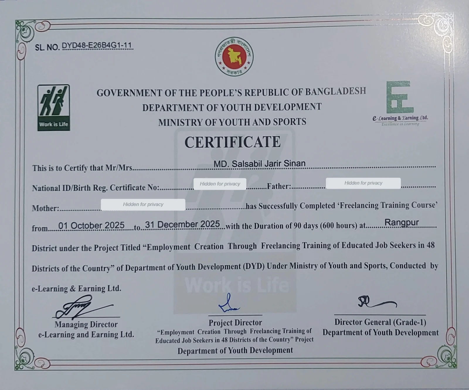 Freelancing Training Course certificate